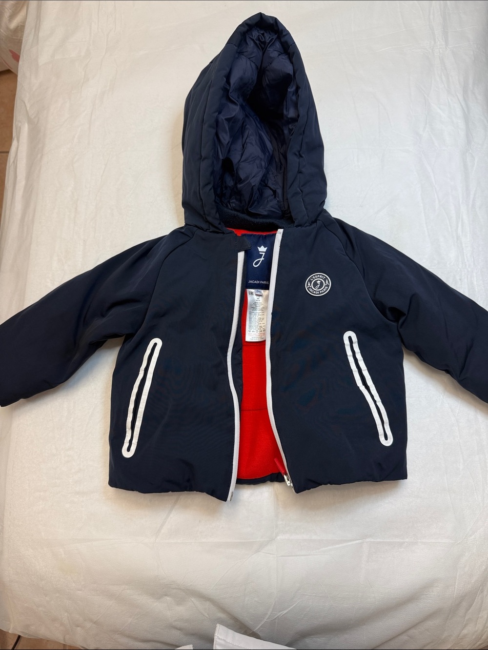Jacadi Navy Hooded Puffer with Red Interior
